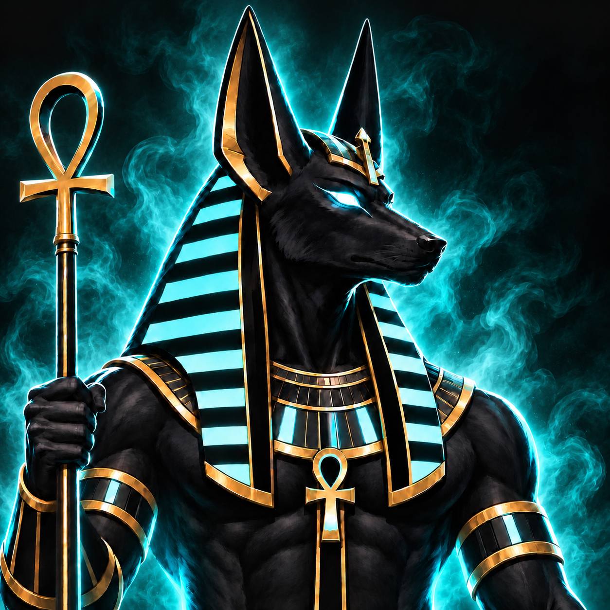 Anubis, the jackal-headed god, glowing cyan, holding a golden ankh